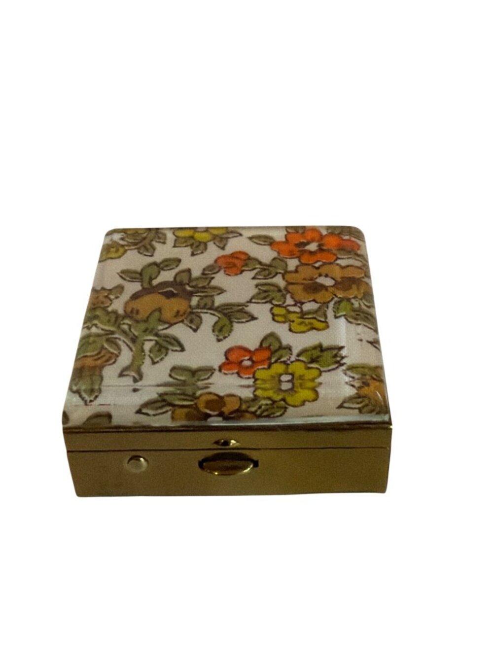 Vintage Pill Trinket Box Floral Divided Sections Gold Tone Hinged 60s 70s 1.5"